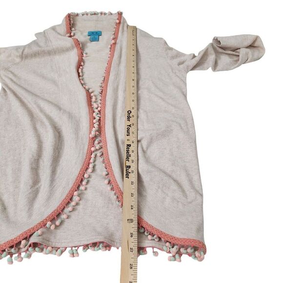Two Bees Cashmere Cardigan Medium Cream‎ Fur Ball Tassel Edge Open Front Sweater - Picture 8 of 8